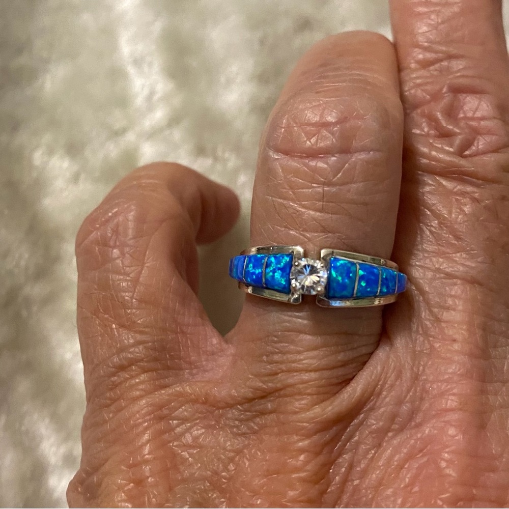 Signed Native American Blue Fire Opal Mjs Sterling Silver Ring